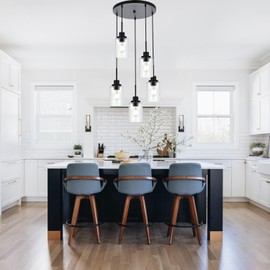 PENDRION Pendant Light Fixture 5 Light Black Cluster Chandelier Seeded Glass Farmhouse Pendant Lighting for Kitchen Islands, Modern Dining Room House Foyer Entryway Bedroom Living Room Ceiling Lights