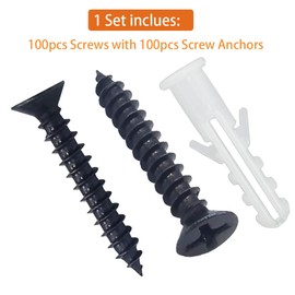 ZipSeven M4 Black Wood Screws Kit 100 pcs Phillips Flat Head Self-Tapping Drywall Screws Assortment with Screw Anchors Set for DIY Projects and Electronic Accessories
