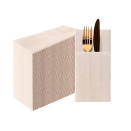 PAW - Linen Feel Napkins with Built-in Flatware Pocket, Soft and Absorbent Paper Pre-Folded Napkins, Guest Towels, Wedding Party, Dinner, Birthday, Gatherings, Monocolor Beige, 50 Count