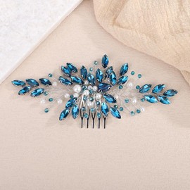 Teyglen Peacock Blue Crystal Wedding Hair Comb Bridal Headpiece Handmade Pearl Rhinestone Hair Comb Piece Party Prom Hair Accessories for Women (Peacock Blue)