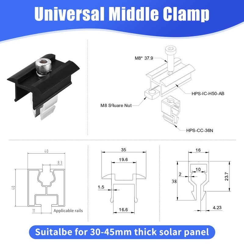 Mounting Solar Panel Bracket End Clamp Centre Clamps Adjustable, Brake