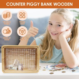 Wooden Money Saving Box with Cash Vault, Cashbox Kakeibo Money Box, $10000 Piggy Bank with Counter Coin Challenge Bank for Adults Kids Girls Boys（Target $10000）