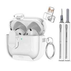 JIEYOUTA Funda para AirPods 4 Compatible con la Carga inalámbrica, Cierre Seguro, Apertura Automática, Protección Antigolpes, Soporte para Teléfono, TPU, Kit de Limpieza, Transparente. (Blanco)