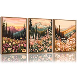 AtterrirArt Framed Boho Wall Art, Colorful Flowers Picture Painting Print, Wildflowers Daisy Wall Decor, Canvas Wall Art For Living Room, Ready To Hang, Set Of 3, 12 * 16 Inch