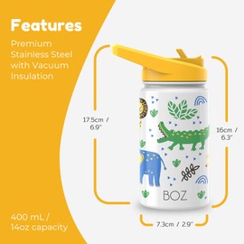 BOZ Kids Insulated Water Bottle with Straw Lid, Stainless Steel Vacuum Double Wall Water Cup with Scratch-Resistant Cute Print and Carry Handle, BPA-Free and Dishwasher-Safe (Safari)