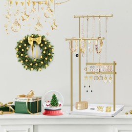 Jewelry Holder Organizer Stand, Jewelry Hanger for Necklaces, Earrings, Adjustable Jewelry Tree Storage for Bracelets, Display Tower, Room Decor Aesthetic Gifts for Her(Gold)