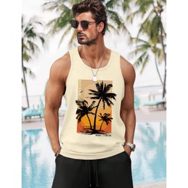 Mens Tank Top Beach Tank Tops for Men Graphic Hawaiian Palm Tree Vacation Sleeveless Shirts for Men Workout Muscle Gym Running Tank Top Men Mens Tank Tops Summer Yellow Medium