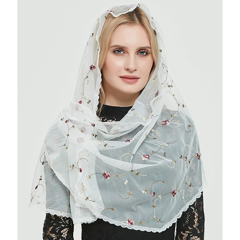 Orthodox Veil Head Covering with Embroidered Flowers Catholic Chapel Mantilla
