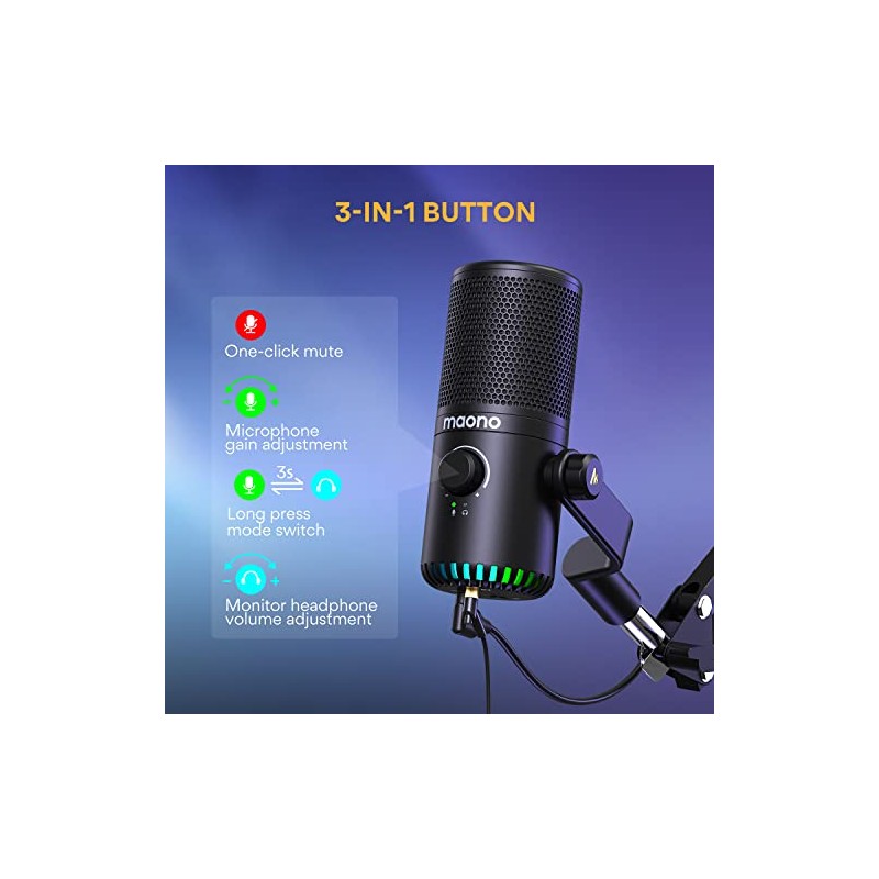 MAONO Micrófono USB para juegos para PC, micrófono condensador programable