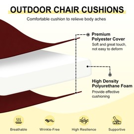 downluxe Outdoor Chair Cushions Set of 4 for Patio Furniture, Water-Resistant Patio Chair Cushions with Ties, High Density Foam Outdoor Seat Cushion, 17" X 16" X 2", Burgundy
