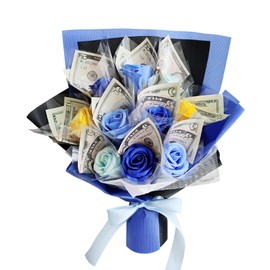 Money Flower Bouquet - Artificial Bouquet of Flowers - Best Graduation, Birthday, Anniversary, Congratulations Money Box for Cash Rose (Blue)