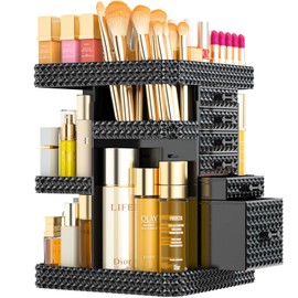 BOCONY 360 Rotating Makeup Organizer for Vanity, Large Skin Care Organizer with 6 Drawers Clear Acrylic Cosmetic Organizer Adjustable Spinning Makeup Storage Perfume Organizer for Dresser (Black)