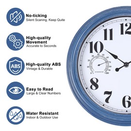 Vigorwise 12 inch Outdoor Wall Clock, Plastic Waterproof Outdoor Clock with Temperature & Humidity, Water Resistant Wall Clocks for Patio Garden, Blue