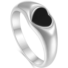 Stainless Steel Black Heart Signet Promise Anniversary Statement Engagement Wedding Ring (Silver Black, 10)