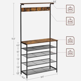 VASAGLE Hall Tree with Shoe Bench, Coat Rack Shoe Bench, 5-Tier Shoe Rack Different Heights, 5 Dual Hooks, Top Shelf, Entryway Organizer, Hallway Bedroom Dorm, Rustic Brown and Black UHSR408B01