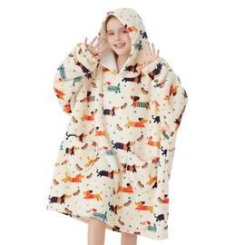 Mewkou Wearable Blanket Hoodie for Kids Oversized Sherpa Blanket Hoodie for Kids Boys Girls Teens 6-13YR,Dachshund