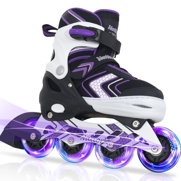 Adjustable Inline Skates for Girls, Girls Roller Skates with All Light up Wheels for Big Kids, Purple, Size 1 2 3 4