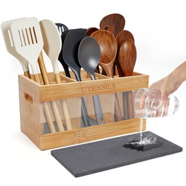 yazi Extra Large Bamboo Utensil Holder for Kitchen Counter - 6 Compartment Silverware Organizer with Natural Drying Stone, Rustic Farmhouse Decor for Home Chefs