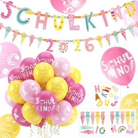 School Decoration Girls Set, Garland School Child & Sugar Bag Banner, 24 Pieces School Balloons & 28 Scatter Decoration, First Day of School Decoration for First Day of School, Pink