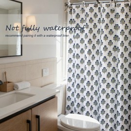 Blue Floral Shower Curtain Hookless - 72x72 Inches,Cotton Blend Cloth Fabric,Girly Cute Coquette Style with Green Block Print for French Country Bathroom Decor
