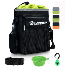 LANNEY Dog Treat Pouch Pet Training Bag for Small to Large Dogs, Treat Tote Carry Kibble Snacks Toys for Training Reward Walking, Metal Clip, Waist Belt, Shoulder Strap, Poop Bag Dispenser