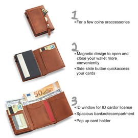 Vastaia Men's Leather Small Wallet with Coin Compartment, Men's and Women's Slim Wallet with RFID Protection, Slim Wallet with Coin Compartment, Dunkelbraun, M, Minimalist