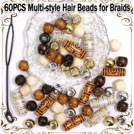 NAISKA 60PCS Wood Hair Beads African Beads for Hair Gold Long Tube Bead Natural Wood Dreadlock Jewelry Vintage Braids Accessories for Women Men