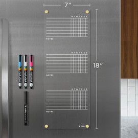 Visibly Magnetic Acrylic Chore Chart for Fridge - 7” x 18” Wet-Erase Task Board with 4 Magnetic Markers, Clear Reusable Refrigerator Organizer with Black Magnets
