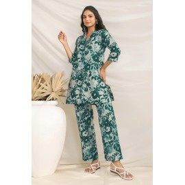 Janasya Indian Women's Co-ord for Women Pure Cotton Straight Green Floral Regular Sleeve Casual Above Knee Co-ord Set