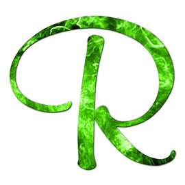 Mural Cursive Font R Initial - Vinyl Decal Sticker - 13" x 12" - Green Flames