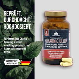 naturalie® - Vitamin C Ultra Capsules - High Dose 500 mg per Capsule | Triple Complex with Increased Bioavailability and Buffered Vitamin C + Plant Extracts - 90 Capsules without Unnecessary Additives