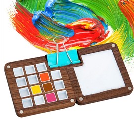 Hinourisha 15 Grid Portable Sketchbook Palette, Wooden Colour Palette Box, Mini Travel Paint Palette, Watercolour Pan Box Tray for Gouache, Acrylic Paint, Come with A Clip Record Beautiful Moments