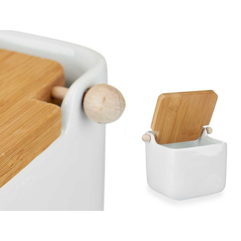 Vessia - Ceramic Salt Pot, Hinged Lid Made of Bamboo,
