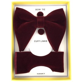 Justar Men's Oversized Pre-Tied Bow Tie Tuxedo Burgundy Velvet Bowtie Cufflinks Hankie Combo Sets(Burgundy)