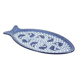Blue Rose Polish Pottery - Blue Mosaic Beach Medium Fish Platter - 12" x 5.75" - Unique Platter for Dinner Parties, Very Durable & Dishwasher Safe