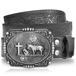 RechicGu Western Leather Buckle Belt for Men Women, Cowboy Floral Engraved Embossed Leather Belt With Religion Cross Prayer Horse Silver Vintage Buckles, 1-1/2 Inch Wide S Black