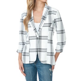 MINEFREE Women's 3/4 Ruched Sleeve Lightweight Work Office Blazer Jacket Plaid Checkered PLIVORY 2XL