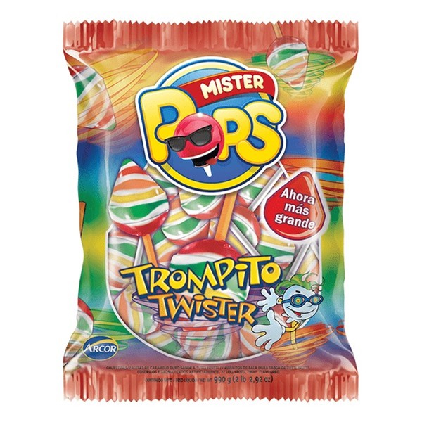 Arcor Mister Pops Chupetines Trompito Twister Fruit Flavored Lollypops, 550 g / 19.4 oz (pack of 50 lollypops)