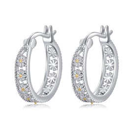 CUPENDA Daisy Earrings Sterling Silver Daisy Flower Hoop Huggie Earrings Floral Jewelry for Women, Sterling Silver, No Gemstone
