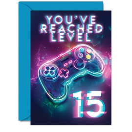 15th Gamer Birthday Cards for Boys Girls - You've Reached Level 15 - Happy 15 Birthday Card for Son Daughter Nephew Niece Grandson, A5 Fifteen Fifteenth Bday Video Game Greeting Cards