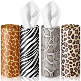 4 Pcs Car Tissues Boxes Travel Cylinder Tissue Boxes 7 x 2.6 Inch Large Capacity Car Tissues Cylinder Holder Hawaiian Floral Animal Round Tissue Box for Car Cup Holder Home Bathroom (Animal Style)