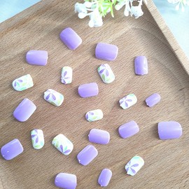 Press on Nails Short Square Fake Nails with Floral Designs Acrylic Glue on Nails Purple Full Cover Nails Press ons White False Nails Cute Spring Artificial Stick on Nails for Women 24Pcs