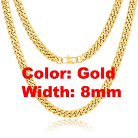 Non Tarnish Free Waterproof Gold Plated Filled Stainless Steel Cuban Chain Men's Hip Hop Jewelry Cuban Link Chain NecklaceColor: 8mm-Gold, Length: 18inches
