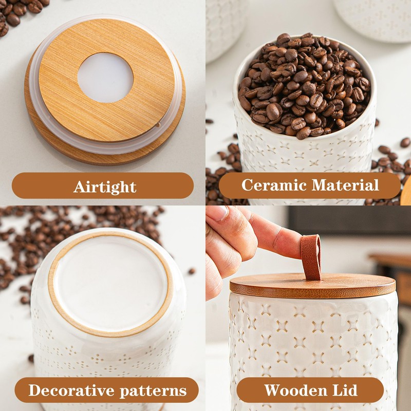 JOJUNO White Ceramic Canister Set with Wooden Lids – 3-Piece