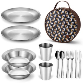 Odoland Stainless Steel Camping Mess Kit for Family & 2 Person, Cooking Tableware Utensils with Plates Bowls Forks Spoons Knives & Savings Bag for Camping, Backpacking, Hiking, Picnic, 2 Person Set