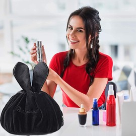 Drawstring Makeup Bag - Lazy Cosmetic Bag Velvet Drawstring Travel Cosmetic Bag Portable Travel Makeup Pouch Magic Toiletry Bag for Womens Girls (Velvet Black)