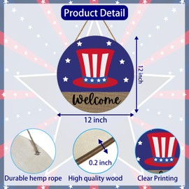 Patriotic Decorations 4th of July Wreaths for Front Door Red White and Blue Decorations American Hat Wooden Welcome Sign Door Decor for Fourth of July Memorial Day Porch Wall Indoor Home Decor
