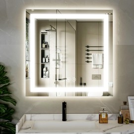 XRAMFY 40"x 40" LED Bathroom Mirror, Backlit + Front Lit, LED Bathroom Mirror with Lights for Wall, 3 Colors, Anti-Fog, Dimmable Brightness, Memory Function, Tempered Glass