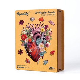 Figured'Art Wooden Puzzle for Adults and Children, 200 Pieces, Floral Heart Anatomy, Original Design, 28.8 x 32.9 cm, Unique Shape with Premium Wooden Box