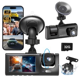 Fhrhig Dashcam para Auto WiFi, 3 Canales Camara para Carro IP67 con Asistente Reversa, Vigilancia Estacionamiento 24H, Grabación Bucle, Sensor G, SD 32GB, 2" Cámara Automóvil con Visión Nocturna IR